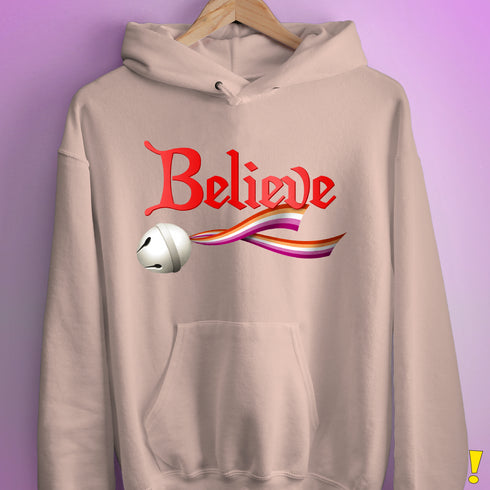 Believe Lesbian Pride Jingle Bell Hoodie - Light Pink